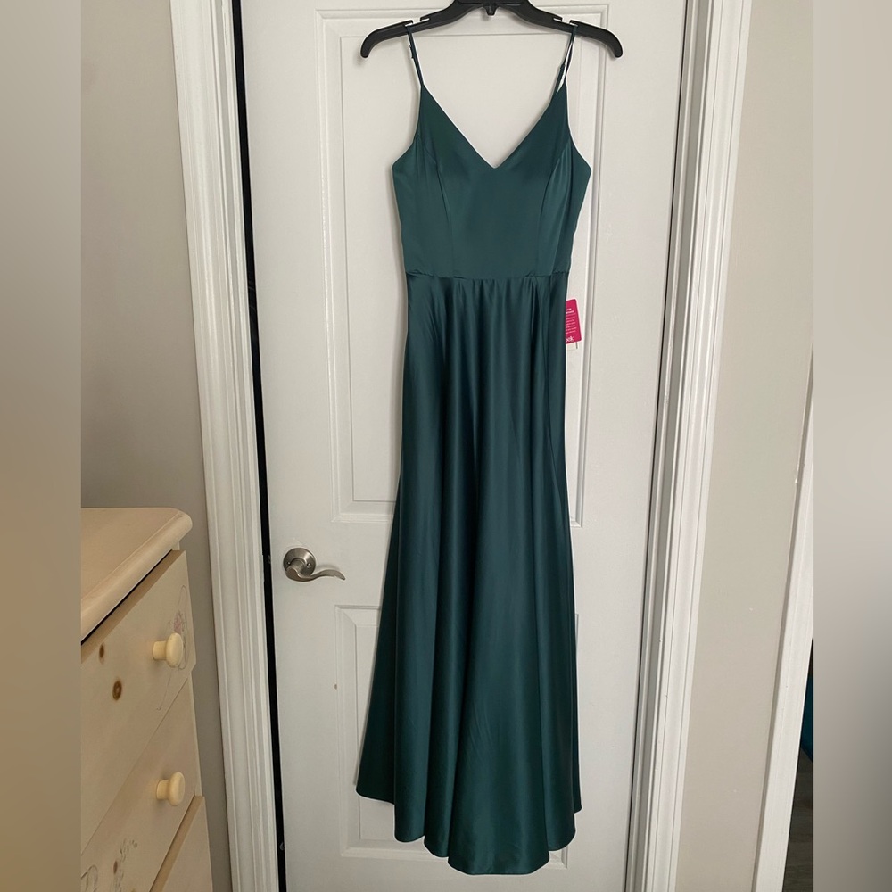 B Darlin Teal Satin V-Neck Spaghetti-Strap Maxi Dress